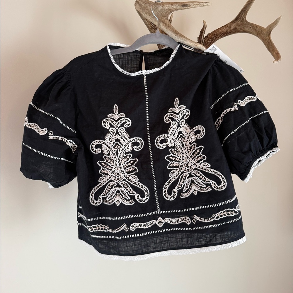 Zara Black Embroidered Puff-Sleeve Blouse with White Detailing